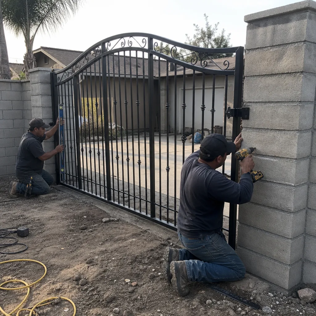 Professional installation of a custom black metal driveway gate