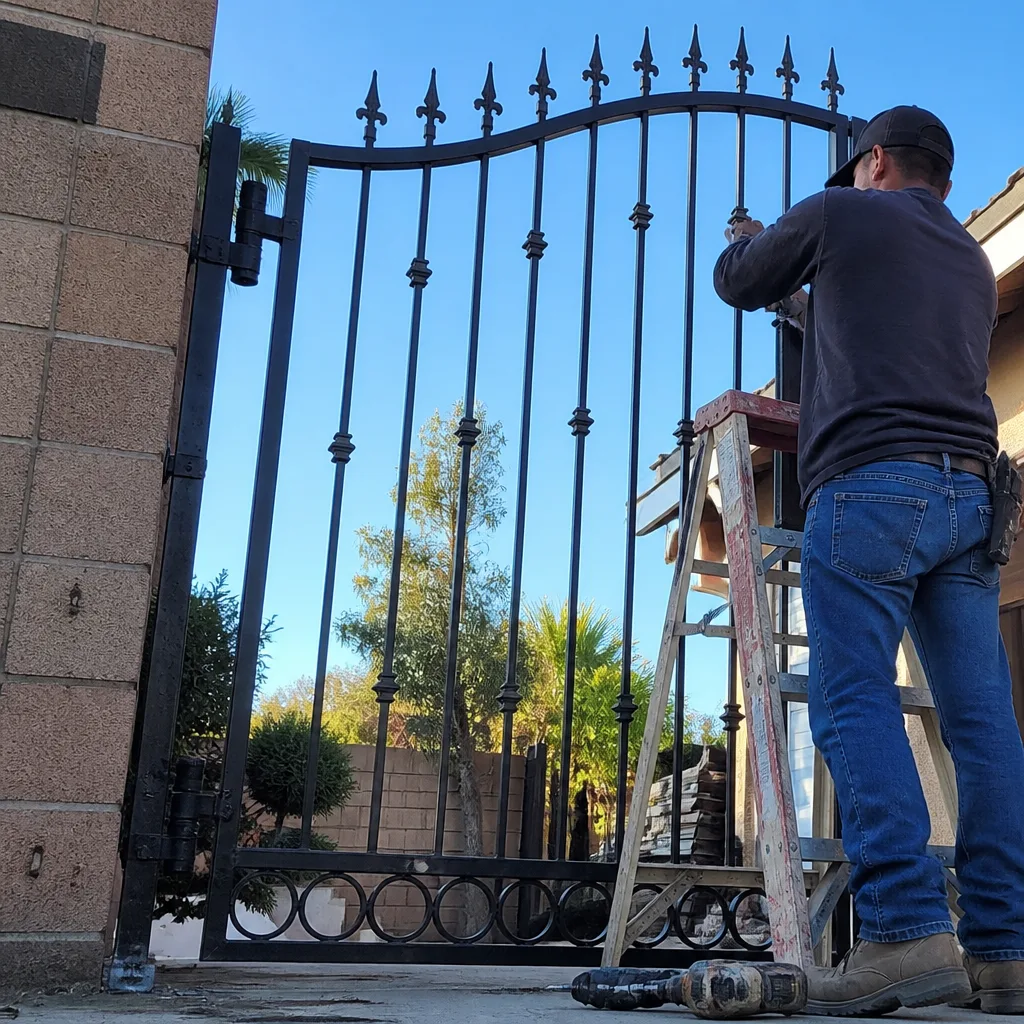 Professional contractor installing a custom black wrought iron gate.