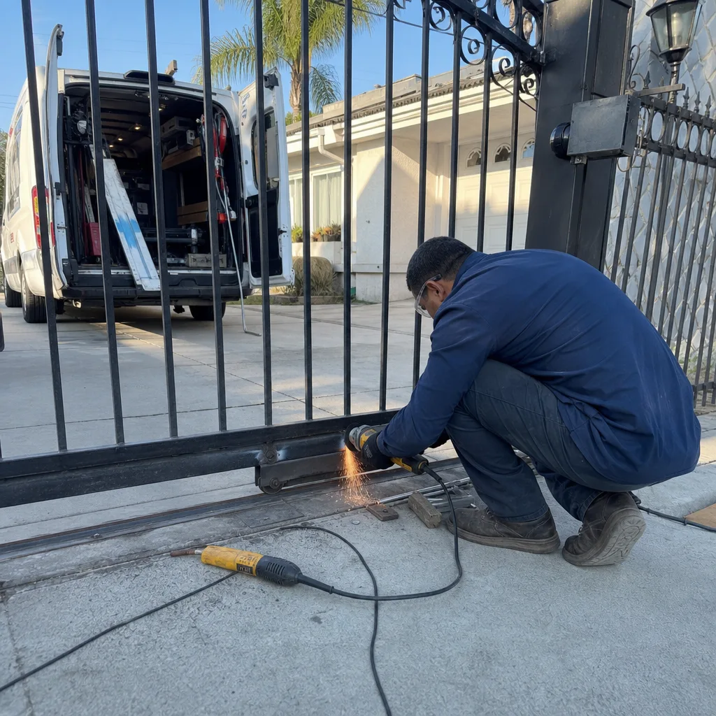 Technician using a power grinder to perform professional metal gate repair services.